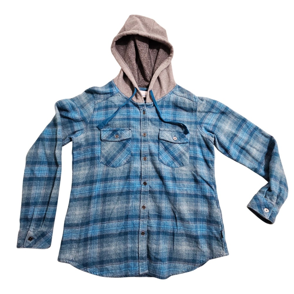 Columbia Hooded Flannel Shirt Medium Blue Plaid Button Up AL0483